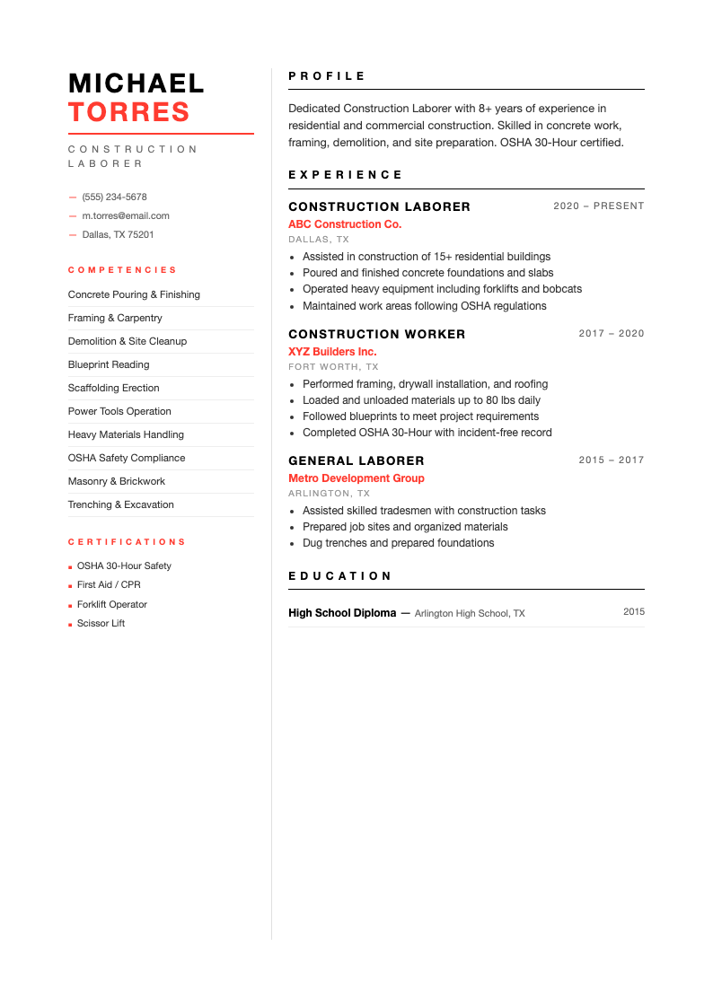 Swiss international construction laborer resume